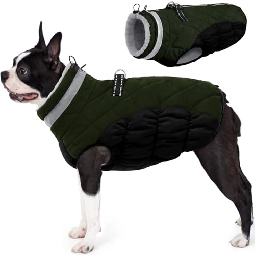 Image of AOFITEE Dog Coat, Warm Dog Jacket, Reflective Winter Coats for Medium Dogs, Turtleneck Dogs Winter Jacket with Harness Built in, Waterproof Windproof Pet Fleece Vest Puffer Jacket, Green M