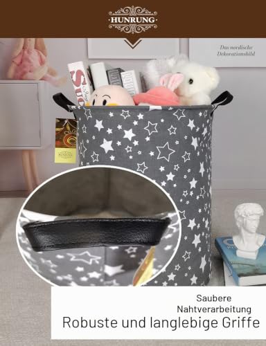 HUNRUNG Großer runder zusammenklappbarer Wäschekorb, wasserdichter Baumwollcanvas-Aufbewahrungskorb mit verstärkten Griffen, für Schlafzimmer, Badezimmer,Graues Sternmuster