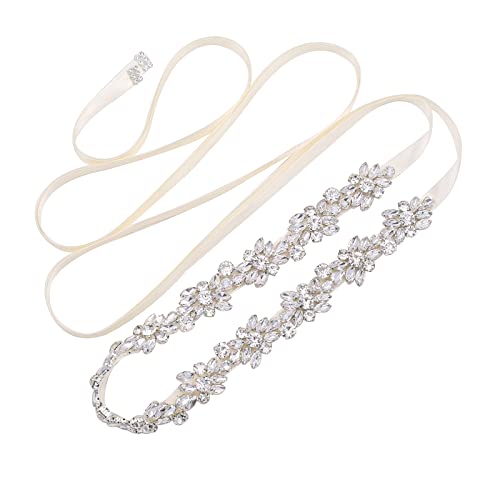 WEZTEZ Crystal Bridal Belt Handmade Wedding Sash with Rhinestones Pearls Belt for Bridal Gowns (Silver-ivory)