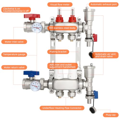 Image of FAHKNS Radiant Heating Manifold, 2 Loop Pex Manifold 1 /2 inch Adapters for Hydronic Radiant Floor Heating Stainless Steel Radiant Heat Pex Manifold Set