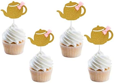 24 Pack of Glitter Gold Teapot Tea Party Cupcake Toppers with Pink Bow Tea Party Cake Toppers Picks for Tea Party Baby Shower Bridal Shower Wedding Birthday Decorations