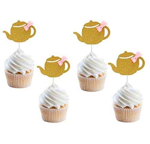 24 Pack Of Glitter Gold Teapot Tea Party Cupcake Toppers With Pink Bow Tea Party Cake Toppers Picks For Tea Party Baby Shower Bridal Shower Wedding Birthday Decorations #TOP10