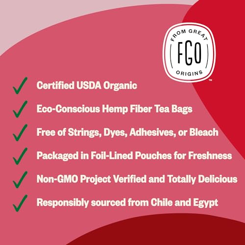 FGO Organic Rosehips Tea, 20 Count, Eco-Conscious Herbal Tea Bags, Resealable Bag, Caffeine Free, Packaging May Vary (Pack of 1)