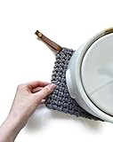 Eco Friendly Organic Double Thick Cotton Potholder, Hand Crocheted & Hand Dyed - Pot Holders Handmade with Removable Leather Loops Trivet Natural hot pad Washable Modern Kitchen (Denim)