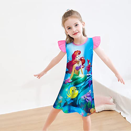 Little Girls Mermaid Princess Gown Dress Flutter Sleeve Cartoon Printed Home Casual Wear Birthday Gift For Kids 2-7 Years A-Pink #TOP2