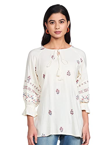 Image of Max Women's Regular Fit Embroidered Tie-Up Neck Raglan Sleeve Tunic