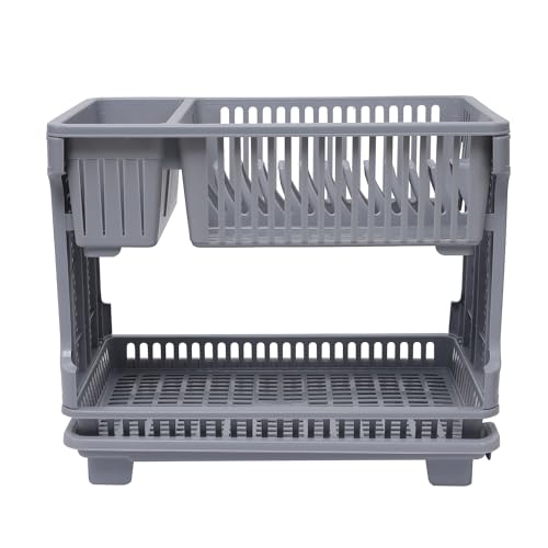 Image of Kuber Industries Dish Rack | Plastic Dish Rack With Drainer | Drying Basket With Tray | Kitchen Drying Rack With Tray | Bartan Stand For Kitchen | Bartan Jali Rack | Gray, 48X29X40 Cm