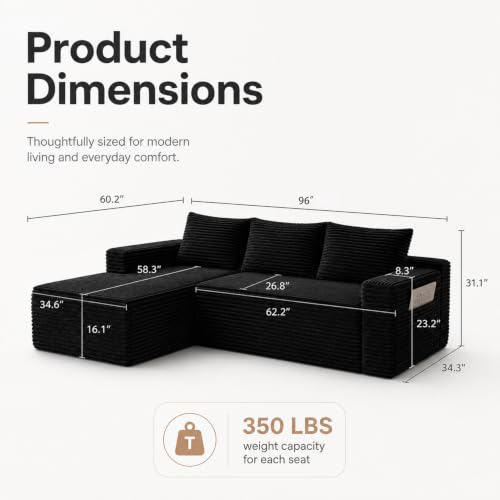 Image of 96 inch Boneless Couch, Modular L-Shaped Cloud Sectional Sofa, Black