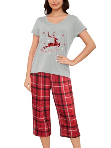 Image of YIJIU Women Soft Comfy Pajamas Cute Cat Short Sleeve Capri Pants PJS Set