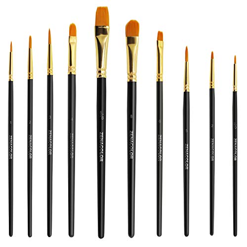 Set of 10 Unique Paint Brushes for Acrylic Oil and Watercolor Painting - Zenacolor - Acrylic Paint Brush Set, Watercolor and Oil Painting Set - Fine Detail Paint Brushes for Professional and Children