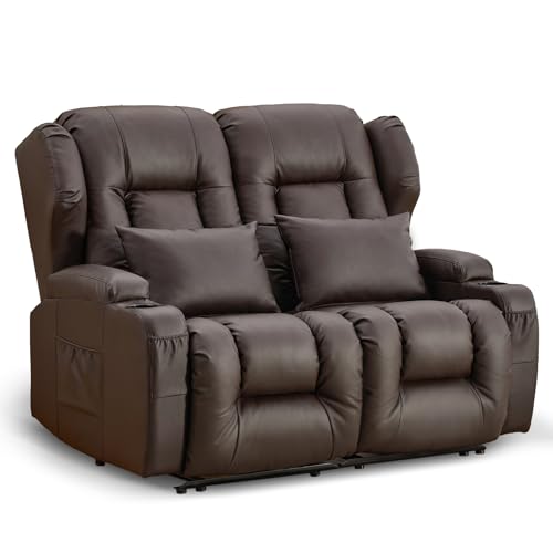 Image of IPKIG 54.2 inch RV Loveseat Recliner Sofa, Faux Leather Wall Hugger Reclining Chair with Cup Holder and Side Pockets, Home Theater Seating Manual Recliner for Living Room (Brown, Loveseat)