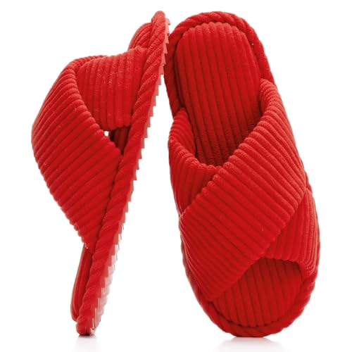 Image of GOEWY House Slippers for Women Fuzzy Womens Slippers Indoor Outdoor Open Toe With Cross Band Corduroy Memory Foam Warm Gifts for Woman Size 7 8.5 Red