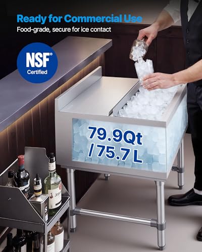Image of VEVOR Commercial Ice Bin Stainless Steel Ice Chest with Sliding Lid, 24H Long-Lasting Insulation, Cooler Cart Cocktail Unit for Bar Restaurant Pub, NSF, 24 Inch