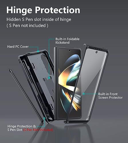 ZKRO for Samsung Galaxy Z-Fold-4 Case: Military Grade Hinge Protection S-Pen Holder Heavy Duty Shockproof 360 Full-Body Protective Phone Cover with Kickstand for Galaxy ZFold 4 5G 2022 (Black)