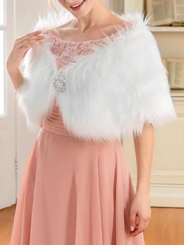 EASEDAILY Women's Faux Fur Shawls and Wraps Wedding Cape Stole Winter Cover Up with Brooch for Bride2
