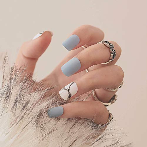 Yean Blue Matte False Nails Marble Short Square Fake Nails Press on Acrylic Nails for Women and Girls(Pack of 24)