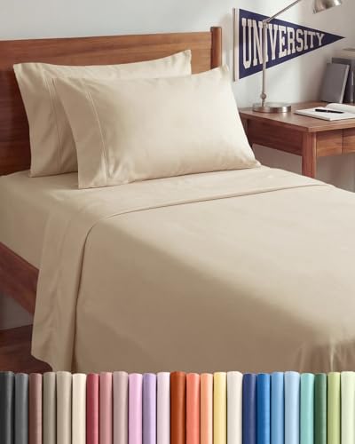 Image of Twin XL 4 Piece Sheet Set - College Dorm Room Essentials - Cream | Ultra Soft Dorm Bedding Set, 8 inch to 16 inch Inch Deep Pockets, 1 Flat & 1 Fitted Sheet & 2 Pillowcases, Wrinkle & Fade Free