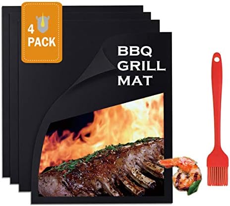 Walk Rhino Grill Mat - Set Of 4 Non Stick BBQ Grill Mats - PTFE (Teflon) Grilling Sheet - Heavy Duty 600 Degree – Safe,Reusable & Easy Clean (A Grill Brush Included)