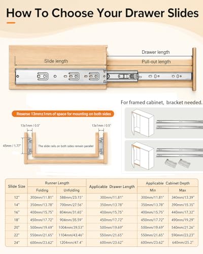 Image of Gobrico Soft Close Drawer Slides 22 inch 10 Pair，Drawer Slides 3 Fold, Hardware Cabinet Drawer Slides Full Extension Drawer Glides, Heavy Duty Hydraulic Self Close Rails, Side Mount Ball Bearing