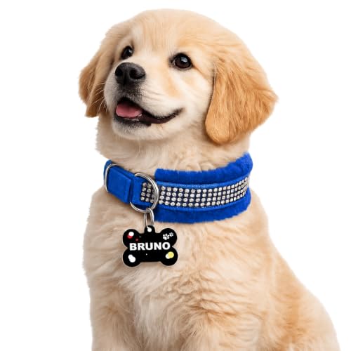 Image of Customized Dog Neck Belt Collar with Name ID Tag, Soft Fur Padded Dog Collar | for 24-35 Kilograms Dogs (L, Blue)