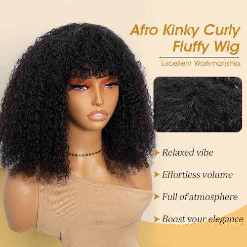 JOEDIR HAIR Human Hair Wig Afro Kinky Curly Fluffy Wig for Black Women Wear and Go Wig with Bangs Glueless Wigs 250% Density (NATURAL, 14 inch) — view 2