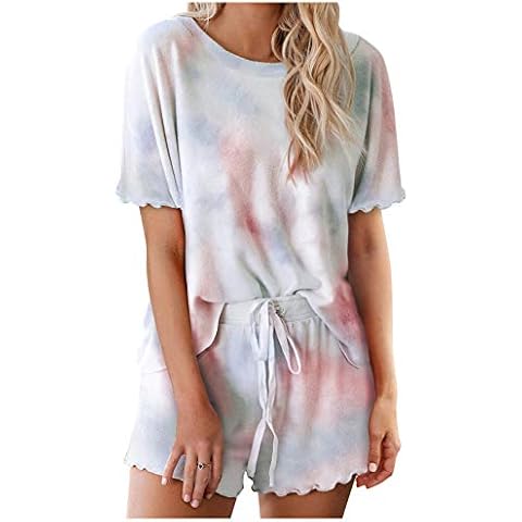 Women Short Sleeve Pajama Set Two Piece Loungewear T Shirt and Shorts Pjs Casual Tie Dye Sweatsuit Tracksuit Sportwear Rainbow Pyjamas Ladies Nightwear Sleepsuit Homewear Negligees Sleepwear Nighties Cover