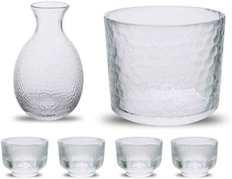 Glass Sake Set of 6 Pieces,300Ml Sake Bottle and 4 Sake Cups 1 Sake Tank,Cold/Warm/Hot Sake Carafe Home Decor Crafts (B A)