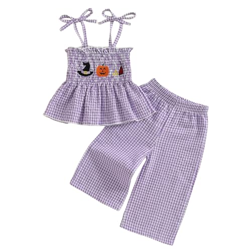 Kayotuas Halloween Toddler Girl Outfits Pumpkin Smocked Spaghetti Strap Tank Top Dress Gingham Plaid Pants Halloween Clothes