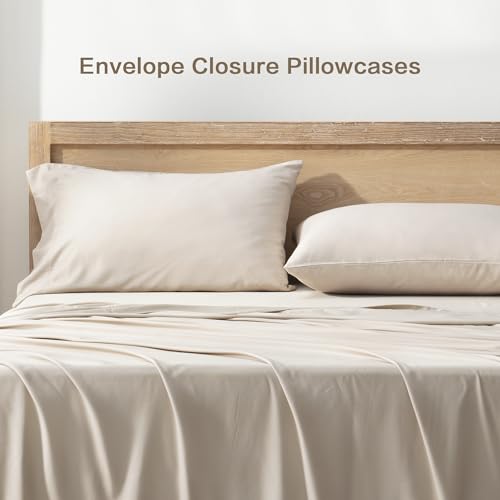 Image of Andency Full Sheets Set 100% Viscose Derived from Bamboo, Oatmeal | Cooling Summer Sheets, Deep Pocket Up to 16 inch, Silky Soft Hotel Luxury Breathable Bedding Sheets & Pillowcases