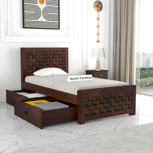 Image of Solid Sheesham Wood Single Size Bed with 2 Drawer Storage Wooden Single Cot Bed for Home Living Room Bedroom Guest Room Hotel (Walnut, Size 6 * 4)