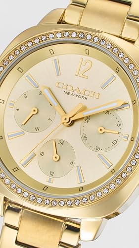Image of Coach Kitt Qtz Multifunction Gold Tonneau Dial Women's Watch|Ionic Plated Thin Gold Steel Material|Gold Color Band - 14504393