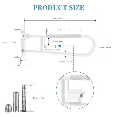 Image of U Shaped Toilet Grab Bar 32 Inch, Munzong White Anti-Slip Support Rail, Flip-Up Bathroom Grab Bar with Paper Holder, Stainless Steel Knurled Handicap Safety handrails for Elderly Disabled Pregnant