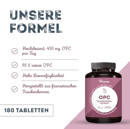 OPC Traubenkernextrakt - Hochdosiert mit 95% reines OPC - Aus französischen Weintrauben - Laborgeprüft (HPLC-Methode), Vegan - 180 Tabletten - Vitavea