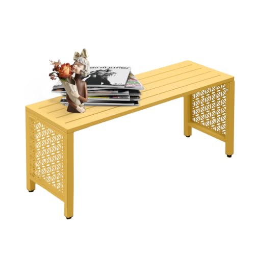 VINGLI 40in Outdoor Metal Bench All-Weathe Backless Patio Bench with Slatted SeatFloral Side Panels Rust-Resistant Garden Bench Weatherproof Outdoor Seating for Porch Entryway Backyard (Yellow)