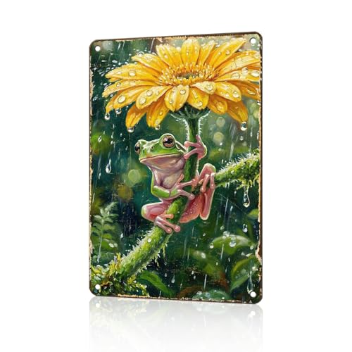 KIKIWALSGN Frog Metal Tin Signs Flower Decor Cute Frog Gifts Vintage Metal Poster Garden Wall Art For Home Patio Outdoor Backyard Outside Fence Cafe Bar 12 * 8 In