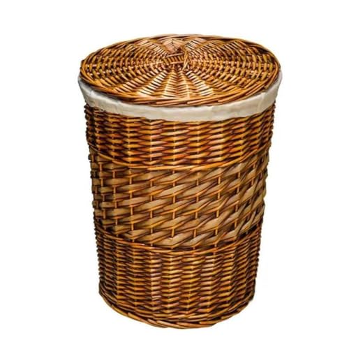 Handgewebter Rattan-Wäschekorb mit Deckel, runder Weidenkorb für Kleidung, Spielzeug, Decken, herausnehmbares Baumwollfutter