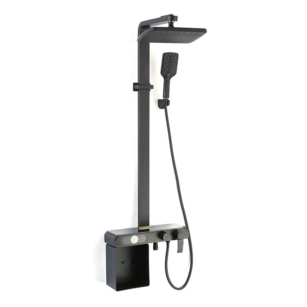 Set doccia combinato con display digitale, miscelatore a pioggia nero montato a parete, set di rubinetto doccia esposto con soffione doccia, doccetta a mano, ugello per vasca da bagno, cestello da
