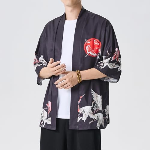 Image of PRIJOUHE Men's Japanese Kimono Cardigan Jackets Casual Long Sleeve Open Front Coat Lightweight Yukata Outwear