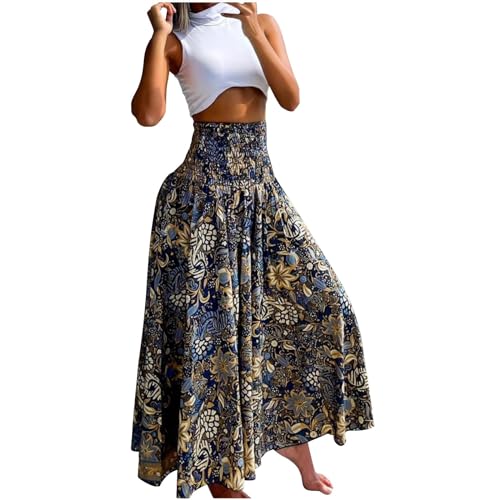 NSICBMNO Navy Boho Skirts for Women UK Long Pleated Skirts Summer Gypsy Floral Maxi High Waisted A Line Flared Casual Beach for Holiday Beach Party