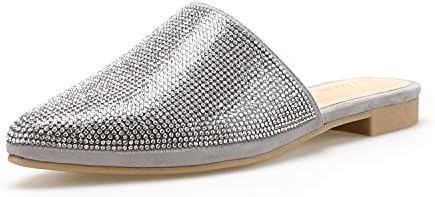 Women's Pointed Toe Mules -Slip On Rhinestones Glamorous Flat Sandals Slides Grey 8 Size