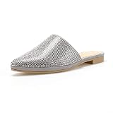 Women's Pointed Toe Mules -Slip On Rhinestones Glamorous Flat Sandals Slides Grey 8 Size