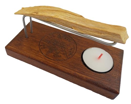 YA-DECOREGALOS Quemador Artesanal de Madera con Varillas metalicas, Soporte para Velas. Especial para Quemar Palo Santo.. Tetragramatón, simbolo de protección. incliuye Palo Santo y Vela