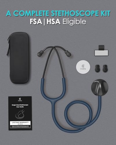 Image of Single Head Stethoscope with Case for Nurse /Nursing School Students | Navy Blue Tube Essential Estetoscopio for Medical BP Monitoring & Home Use, with Accessories Name Tag