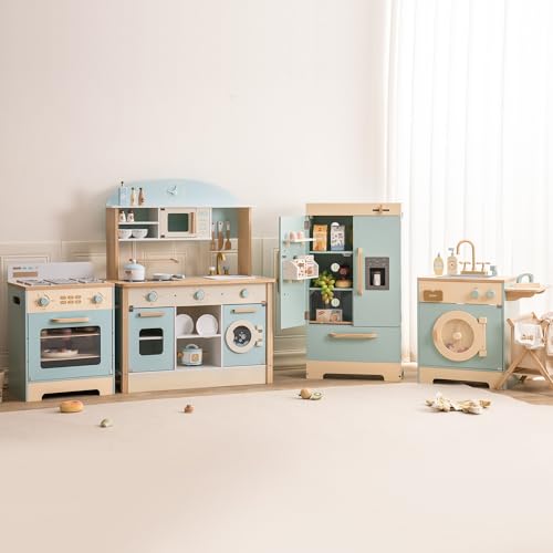 ROBOTIME Wooden Play Kitchen, Toddler Kitchen Playset with Oven, Fridge & Washing Machine, Kids Kitchen Playset Gift for 3+ Year Old Boys & Girls - Image 3