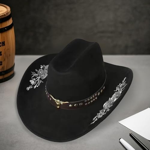 Sombrero vaquero bordado de fieltro unisex negro talla M miniatura 3