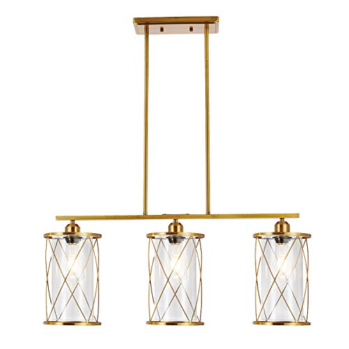 SHENGQINGTOP 33 Inches Modern Kitchen Island Lighting with Cylindrical Clear Glass Shapes, 3-Light Dining Room Lighting Fixtures Hanging, New Transitional Multi Pendant Lights, Brushed Brass Finish