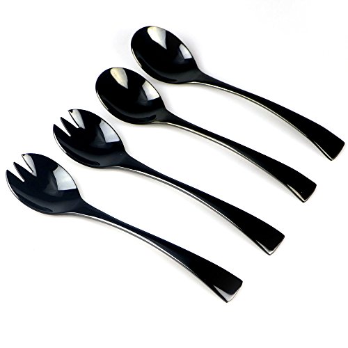 BRIIEC 4 Piece Salad Fork and Spoon Set 18/10 Stainless Steel Mirror Polishing Black Color