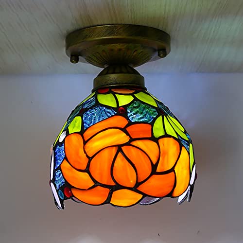 6 inch Mini Pastorale stijl Tiffany Ceiling Light Fixture, oranje bloem gebrandschilderd glas Semi Flush Mount Plafond Lamp Decor voor keuken eiland hal eetkamer slaapkamer