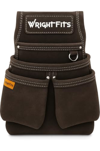 WrightFits Heavy Duty Leather Tool Pouch Brown 4 Pocket Tool Organiser & Tool Belt Pouch with Hammer Loop Nail & Small Parts Holder Metal D-Ring | Carpenter & Electrician Work Pouch