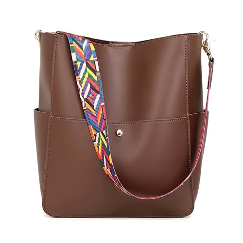 Bolsas bucket femininas de couro sintético com 2 alças ajustáveis para guitarra Hobo Bolsas femininas, Café 02